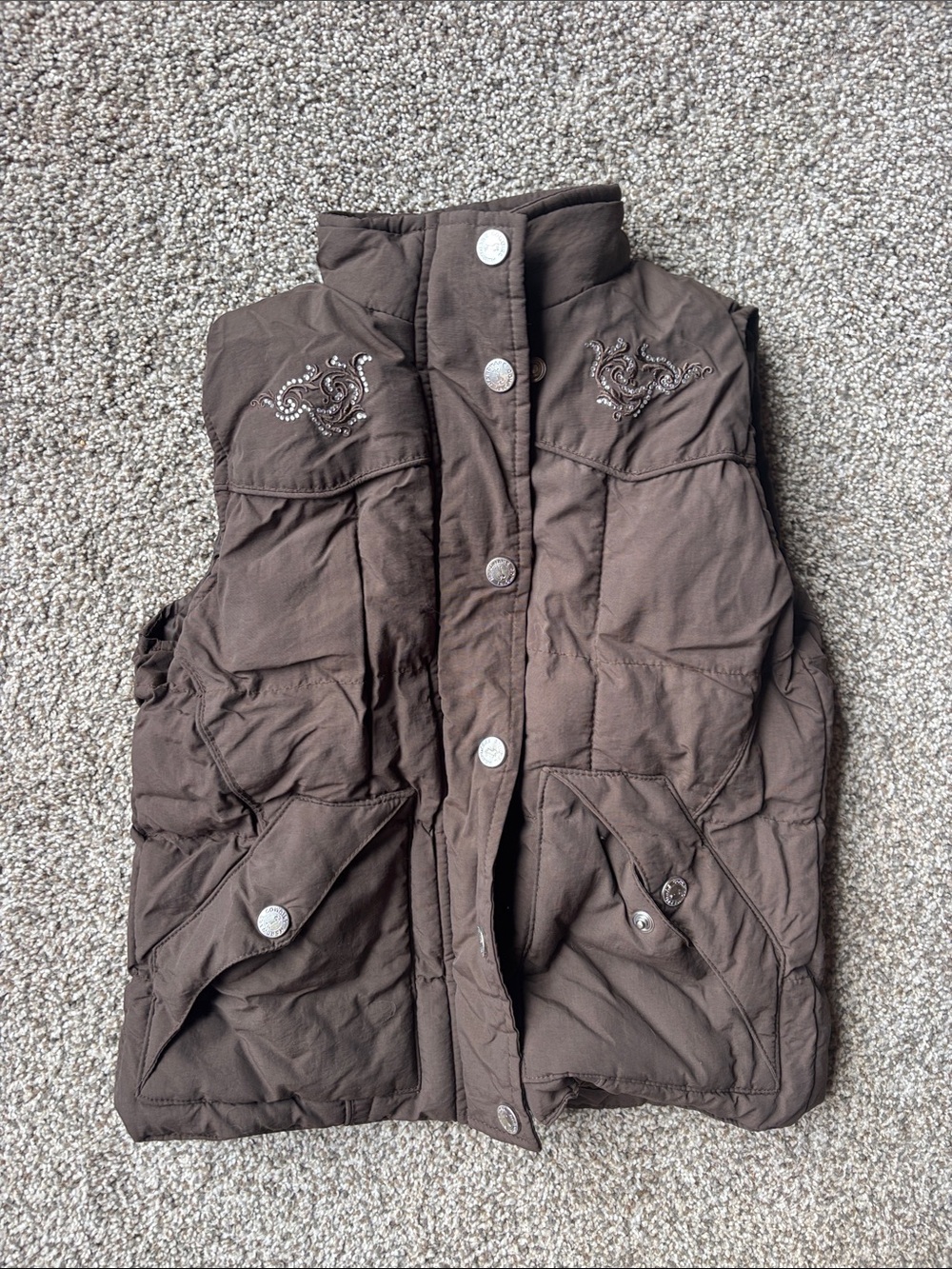 Brown Girls' Puffer Vest with Embroidered Detail